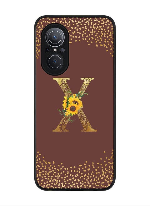 Rugged Black edge case for Huawei Nova 9 SE  Slim fit Soft Case Flexible Rubber Edges Anti Drop TPU Gel Thin Cover - Custom Monogram Initial Letter Floral Pattern Alphabet - X (Brown )