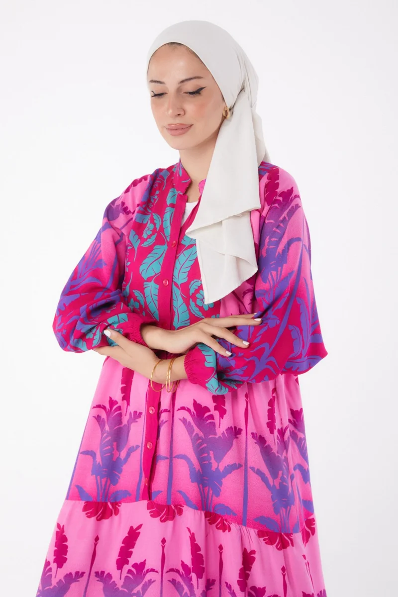 Tofisa Plain Judge Collar Women's Fuchsia Buttoned Patterned Dress - 26044