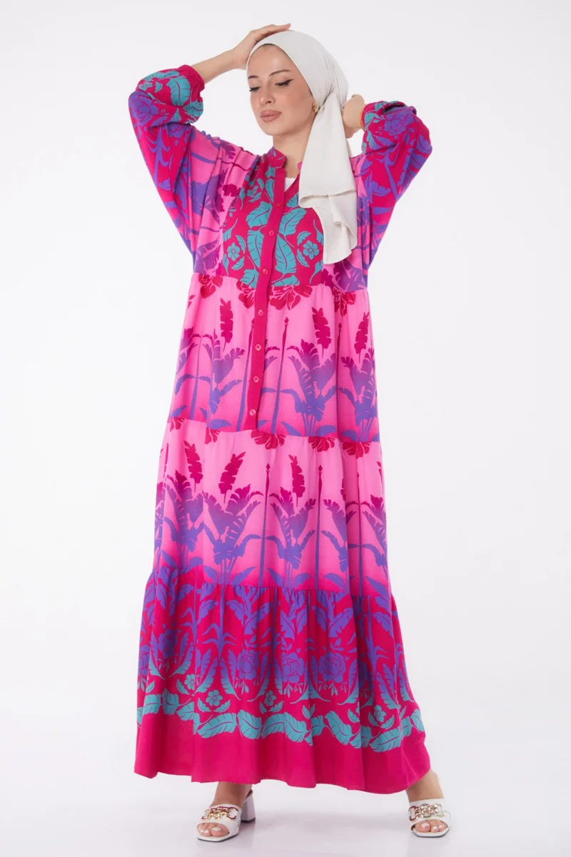 Tofisa Plain Judge Collar Women's Fuchsia Buttoned Patterned Dress - 26044