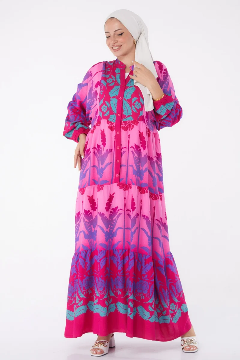 Tofisa Plain Judge Collar Women's Fuchsia Buttoned Patterned Dress - 26044