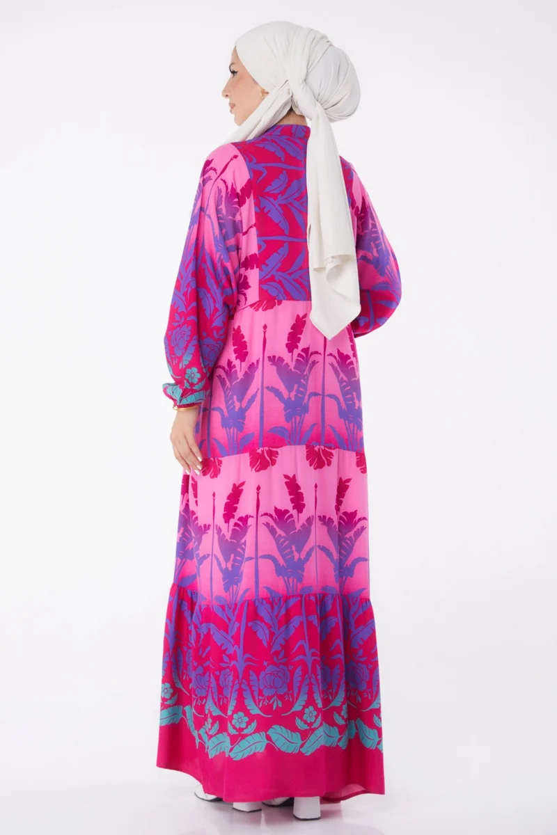 Tofisa Plain Judge Collar Women's Fuchsia Buttoned Patterned Dress - 26044