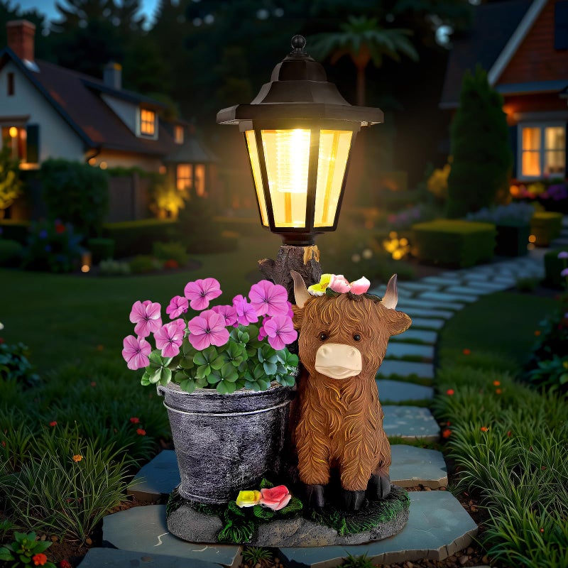 YEPOTUE Solar Highland Cow Outdoor Statues, Garden Sculptures with Flowerpot Decor & Solar Lantern for Yard Art Lawn Ornaments Porch Patio Balcony - Birthday Gifts for Women Mom - Image 1