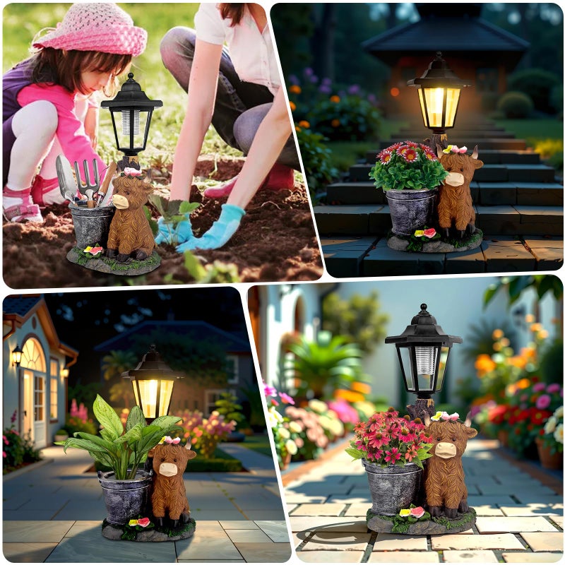 YEPOTUE Solar Highland Cow Outdoor Statues, Garden Sculptures with Flowerpot Decor & Solar Lantern for Yard Art Lawn Ornaments Porch Patio Balcony - Birthday Gifts for Women Mom - Image 4