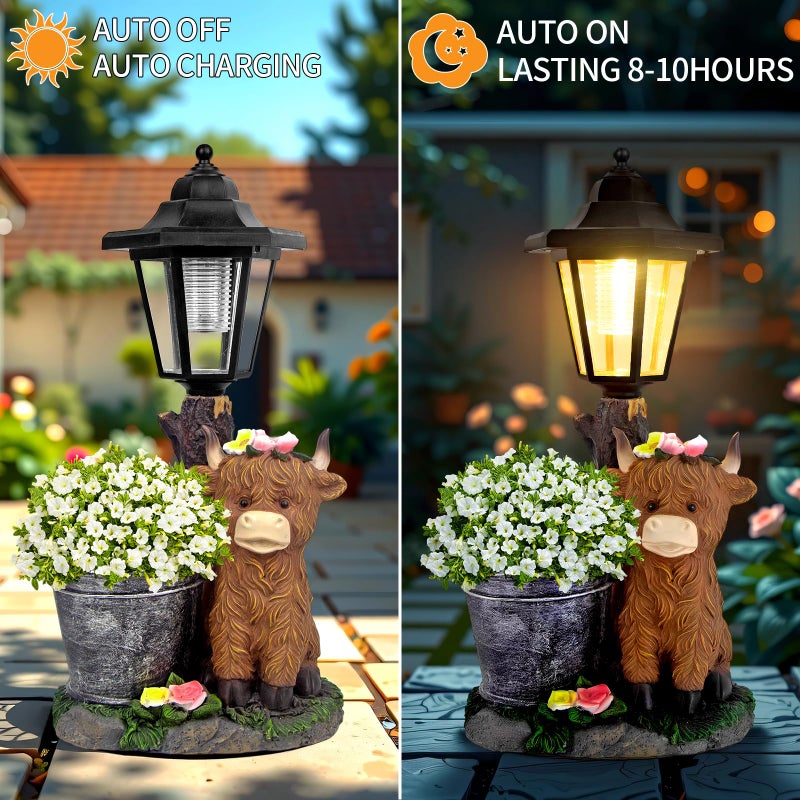 YEPOTUE Solar Highland Cow Outdoor Statues, Garden Sculptures with Flowerpot Decor & Solar Lantern for Yard Art Lawn Ornaments Porch Patio Balcony - Birthday Gifts for Women Mom - Image 5
