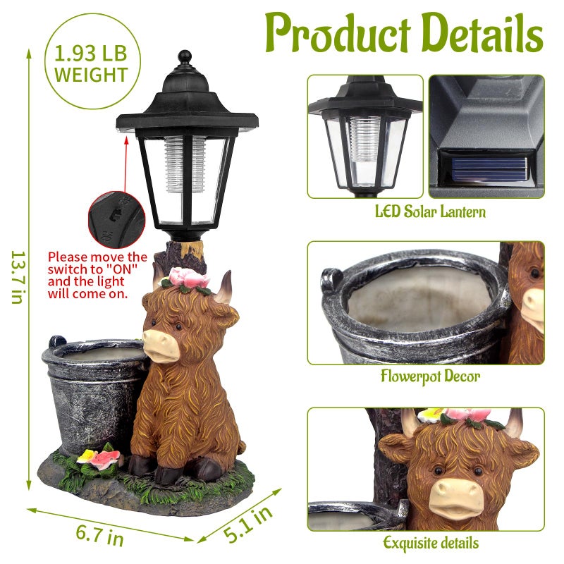YEPOTUE Solar Highland Cow Outdoor Statues, Garden Sculptures with Flowerpot Decor & Solar Lantern for Yard Art Lawn Ornaments Porch Patio Balcony - Birthday Gifts for Women Mom - Image 2