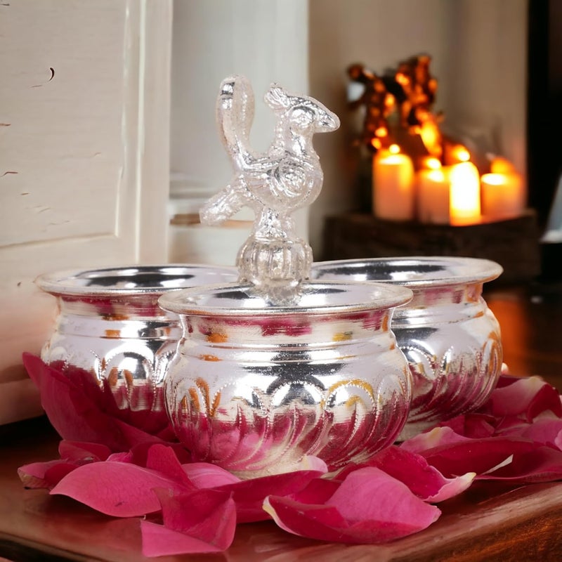 Sigaram German Silver Kumkum Haldi Chawal Holder for Pooja Panchwala Set of 3 Cup with Peacoak Handle 1 Pieces Silver - Image 2