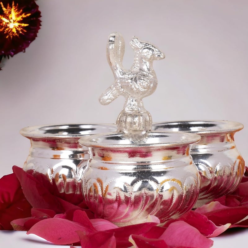 Sigaram German Silver Kumkum Haldi Chawal Holder for Pooja Panchwala Set of 3 Cup with Peacoak Handle 1 Pieces Silver - Image 1