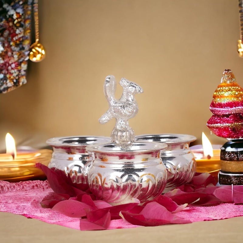 Sigaram German Silver Kumkum Haldi Chawal Holder for Pooja Panchwala Set of 3 Cup with Peacoak Handle 1 Pieces Silver - Image 4