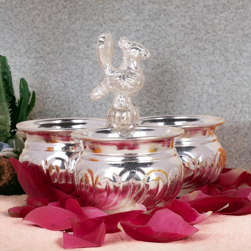 Sigaram German Silver Kumkum Haldi Chawal Holder for Pooja Panchwala Set of 3 Cup with Peacoak Handle 1 Pieces Silver - Image 5
