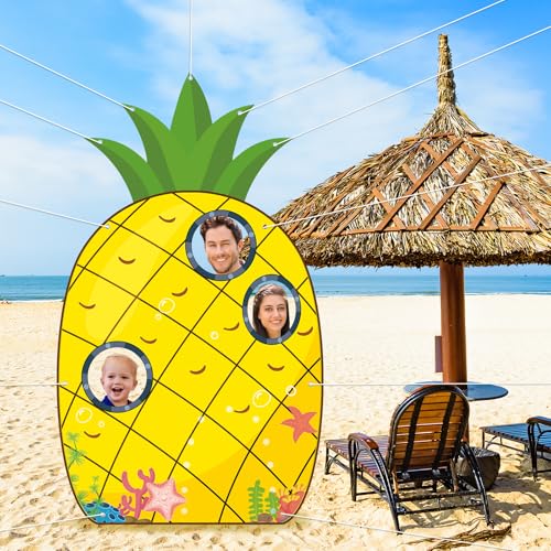 Cogniplay Large Pineapple Photo Prop with 3 Cut-Out Windows – Yellow Cartoon House Banner for Summer Birthday Party, Tropical Hawaii Decor, Beach Theme Backdrop for Kids, Adults and Pets (80"x47") - Image 1
