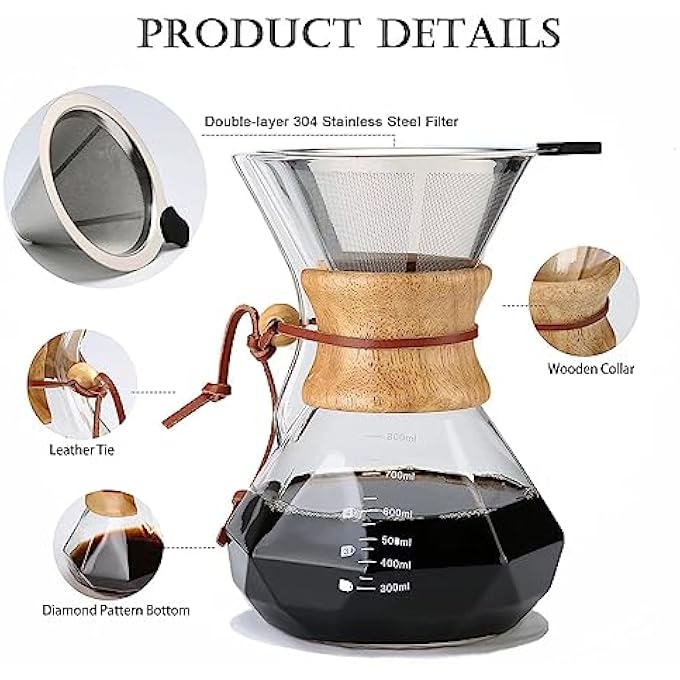 كاست ويف ماكينة تحضير القهوة الزجاجية مع فلتر من الفولاذ المقاوم للصدأ قابل لإعادة الاستخدام، إبريق زجاجي مقاوم للحرارة سعة 27 أونصة مع طوق خشبي، خالٍ من مادة BPA، سهل التنظيف، يتسع لـ 46 كوبًا - Image 2