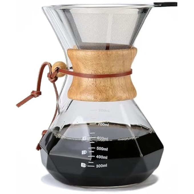كاست ويف ماكينة تحضير القهوة الزجاجية مع فلتر من الفولاذ المقاوم للصدأ قابل لإعادة الاستخدام، إبريق زجاجي مقاوم للحرارة سعة 27 أونصة مع طوق خشبي، خالٍ من مادة BPA، سهل التنظيف، يتسع لـ 46 كوبًا - Image 1
