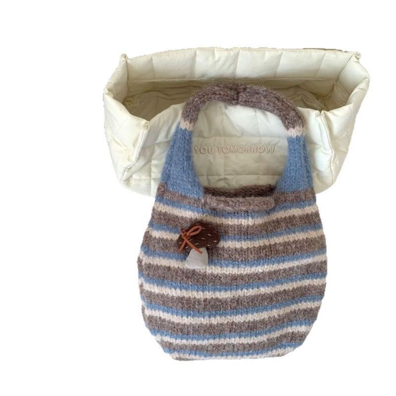 Vintage Striped Knitted Handbag with Mushroom Decor - Image 5