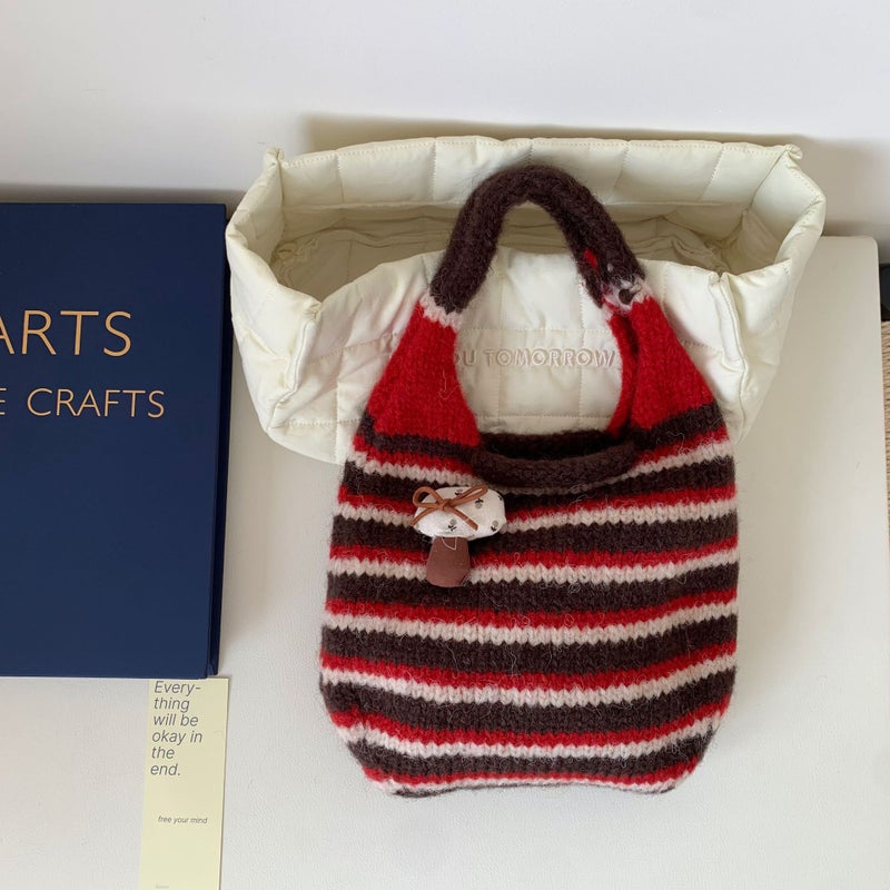 Vintage Striped Knitted Handbag with Mushroom Decor - Image 4