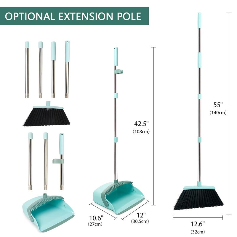 XXFLOWER Broom and Dustpan Set Dustpans with Broom Combo for Home Heavy Dust Broom and Dustpan Combo Long Handle Dust Pan and Broom Set for Kitchen Office Pet HairGreen Pack of 1 - Image 2