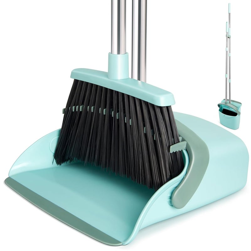 XXFLOWER Broom and Dustpan Set Dustpans with Broom Combo for Home Heavy Dust Broom and Dustpan Combo Long Handle Dust Pan and Broom Set for Kitchen Office Pet HairGreen Pack of 1 - Image 1