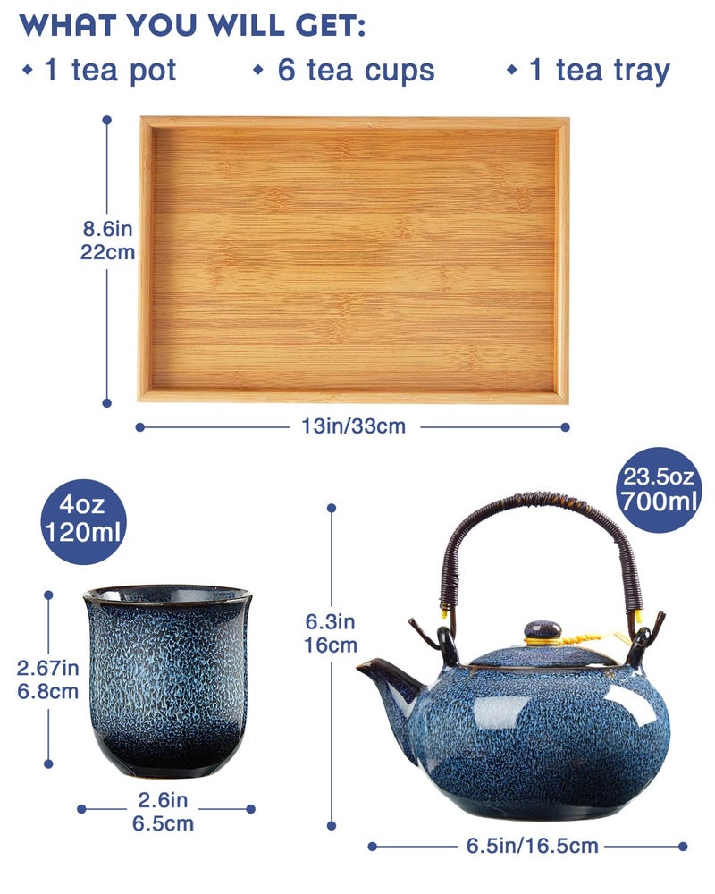 DUJUST Japanese Tea Set for 6, Kiln Altered Glaze Porcelain Tea Set with 1 Teapot, 6 Tea Cups & 1 Tea Tray, Unique Chinese Tea Sets for Adults/Tea Lovers/Women/Men, Blue - Image 5