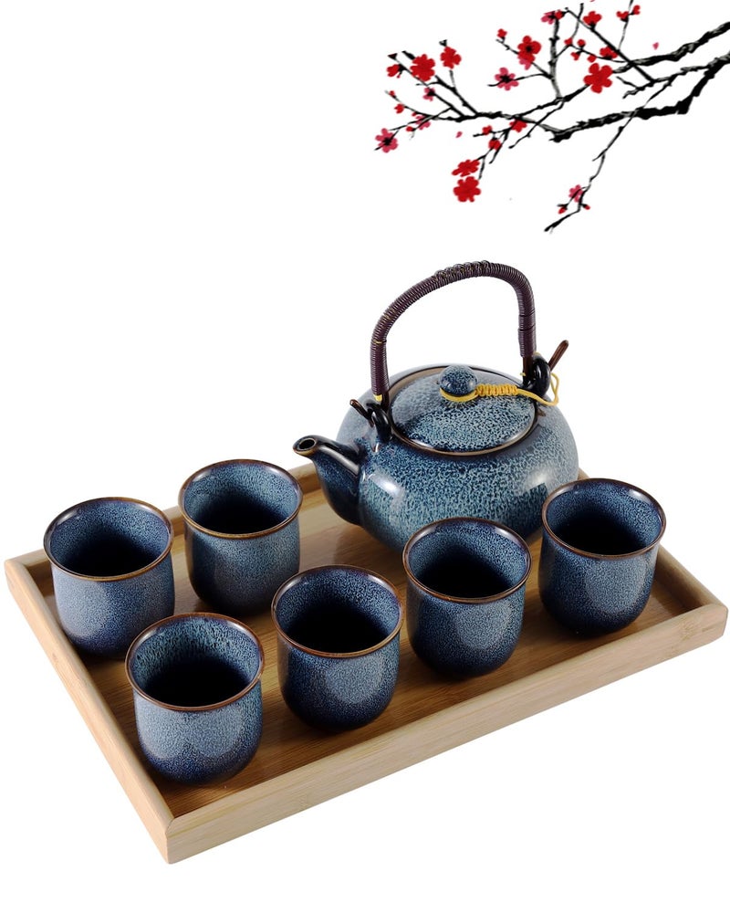 DUJUST Japanese Tea Set for 6, Kiln Altered Glaze Porcelain Tea Set with 1 Teapot, 6 Tea Cups & 1 Tea Tray, Unique Chinese Tea Sets for Adults/Tea Lovers/Women/Men, Blue - Image 1
