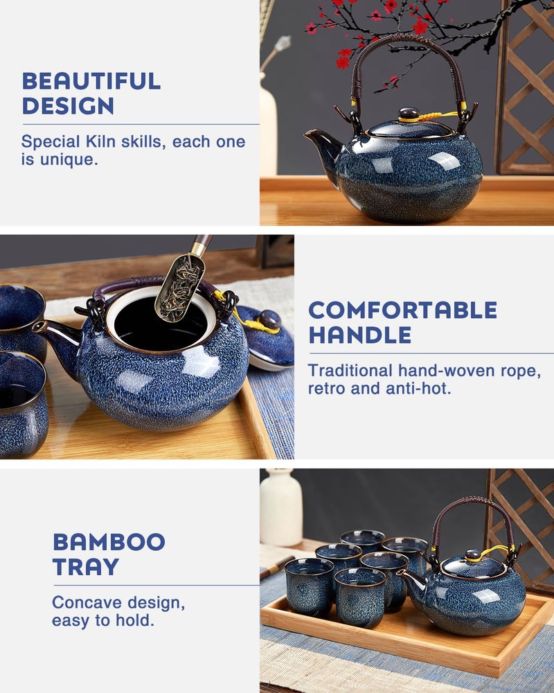 DUJUST Japanese Tea Set for 6, Kiln Altered Glaze Porcelain Tea Set with 1 Teapot, 6 Tea Cups & 1 Tea Tray, Unique Chinese Tea Sets for Adults/Tea Lovers/Women/Men, Blue - Image 3