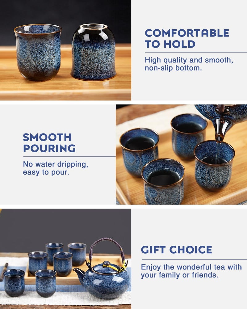 DUJUST Japanese Tea Set for 6, Kiln Altered Glaze Porcelain Tea Set with 1 Teapot, 6 Tea Cups & 1 Tea Tray, Unique Chinese Tea Sets for Adults/Tea Lovers/Women/Men, Blue - Image 4
