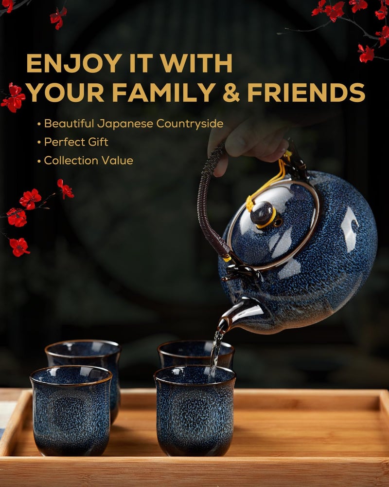 DUJUST Japanese Tea Set for 6, Kiln Altered Glaze Porcelain Tea Set with 1 Teapot, 6 Tea Cups & 1 Tea Tray, Unique Chinese Tea Sets for Adults/Tea Lovers/Women/Men, Blue - Image 2
