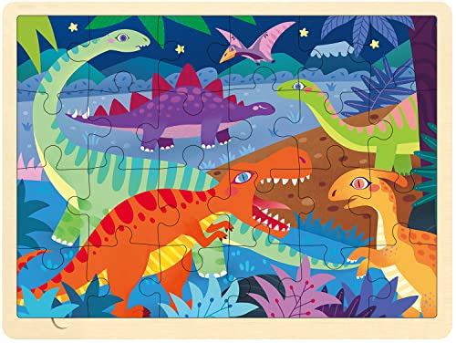 MoinKidz 24 Piece Puzzle for 3 Year Old Dinosaur Wooden Jigsaw Puzzles for Kids Ages 35 with Picture Underneath Preschool Toddler Puzzles Ages 24 with Storage Tray - Image 1
