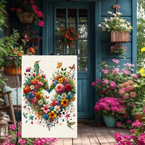 RMXJKIIU Colorful Floral Love Hearts Garden Flag 12x18 Inch Double Sided Small Burlap Birds Flowers Butterflies Outdoor Decorations Spring Summer Garden Flags Patio Yard Outside Decor - Image 5