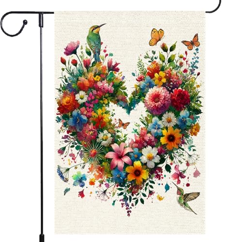 RMXJKIIU Colorful Floral Love Hearts Garden Flag 12x18 Inch Double Sided Small Burlap Birds Flowers Butterflies Outdoor Decorations Spring Summer Garden Flags Patio Yard Outside Decor - Image 1