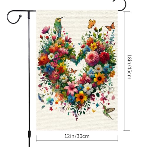 RMXJKIIU Colorful Floral Love Hearts Garden Flag 12x18 Inch Double Sided Small Burlap Birds Flowers Butterflies Outdoor Decorations Spring Summer Garden Flags Patio Yard Outside Decor - Image 3