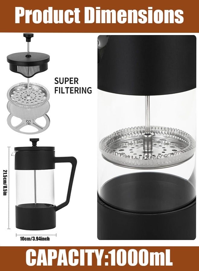 ماكينة صنع القهوة الفرنسية، ماكينة صنع القهوة سعة 1000 مل مع فلتر للقهوة والشاي السائب ورغوة الحليب في المنزل أو أثناء السفر، إبريق قهوة ساخن وبارد، فلتر من الفولاذ المقاوم للصدأ مع زجاج بورسليكات عالي المقاومة للحرارة - Image 2