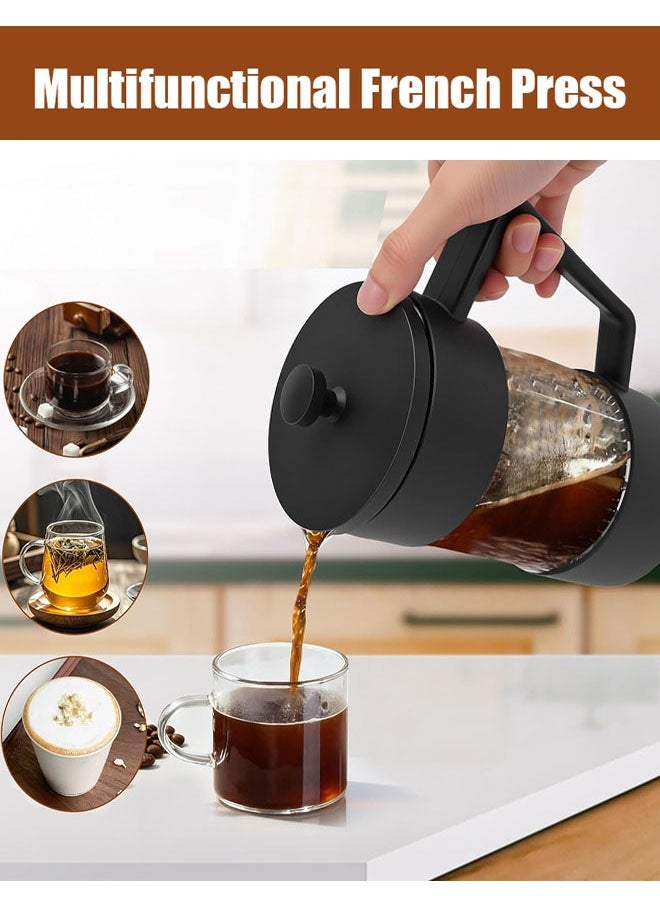 ماكينة صنع القهوة الفرنسية، ماكينة صنع القهوة سعة 1000 مل مع فلتر للقهوة والشاي السائب ورغوة الحليب في المنزل أو أثناء السفر، إبريق قهوة ساخن وبارد، فلتر من الفولاذ المقاوم للصدأ مع زجاج بورسليكات عالي المقاومة للحرارة - Image 3