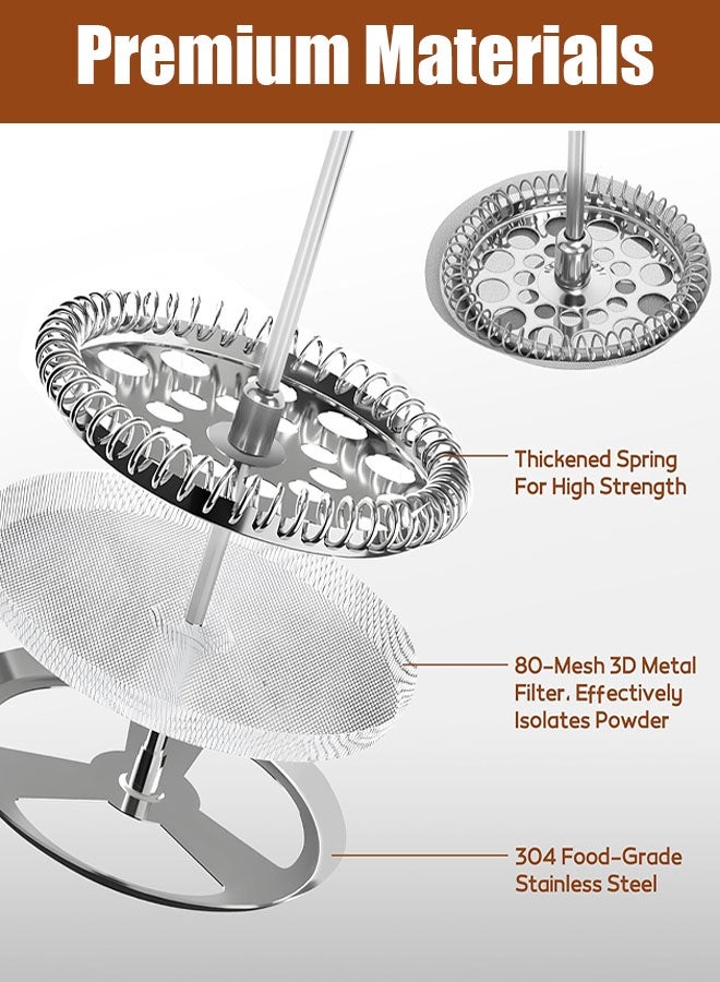 ماكينة صنع القهوة الفرنسية، ماكينة صنع القهوة سعة 1000 مل مع فلتر للقهوة والشاي السائب ورغوة الحليب في المنزل أو أثناء السفر، إبريق قهوة ساخن وبارد، فلتر من الفولاذ المقاوم للصدأ مع زجاج بورسليكات عالي المقاومة للحرارة - Image 5