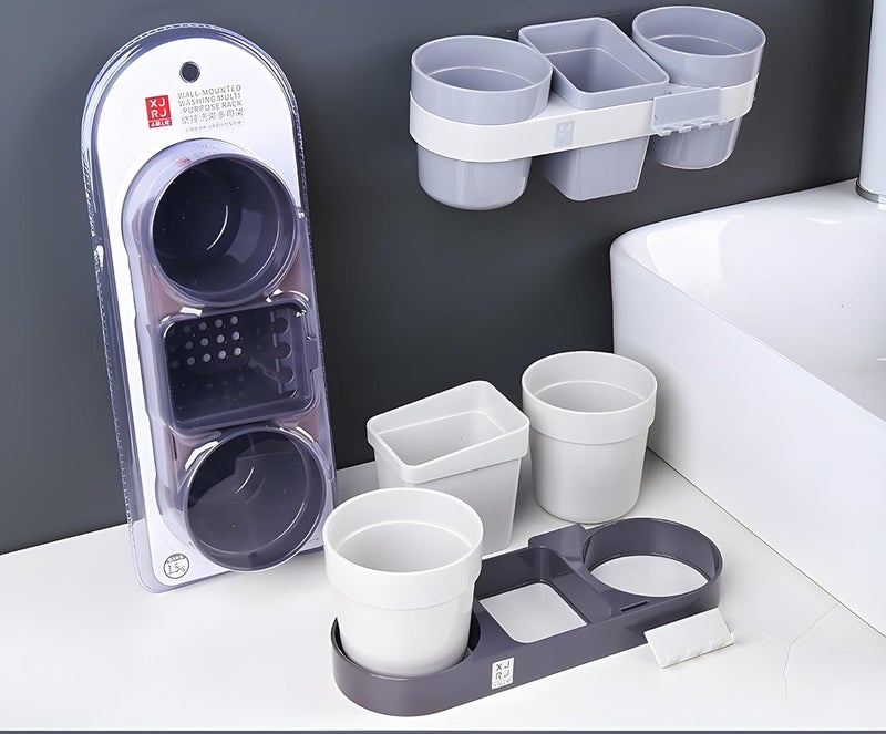 Jinila Wall Mounted Toothpaste Tongue Cleaner Comb Holder with Gargle Cup and 3 Toothbrush Hangers Bathroom and Wash Basin Organiser Pack of 1 Gray and Cream - Image 4