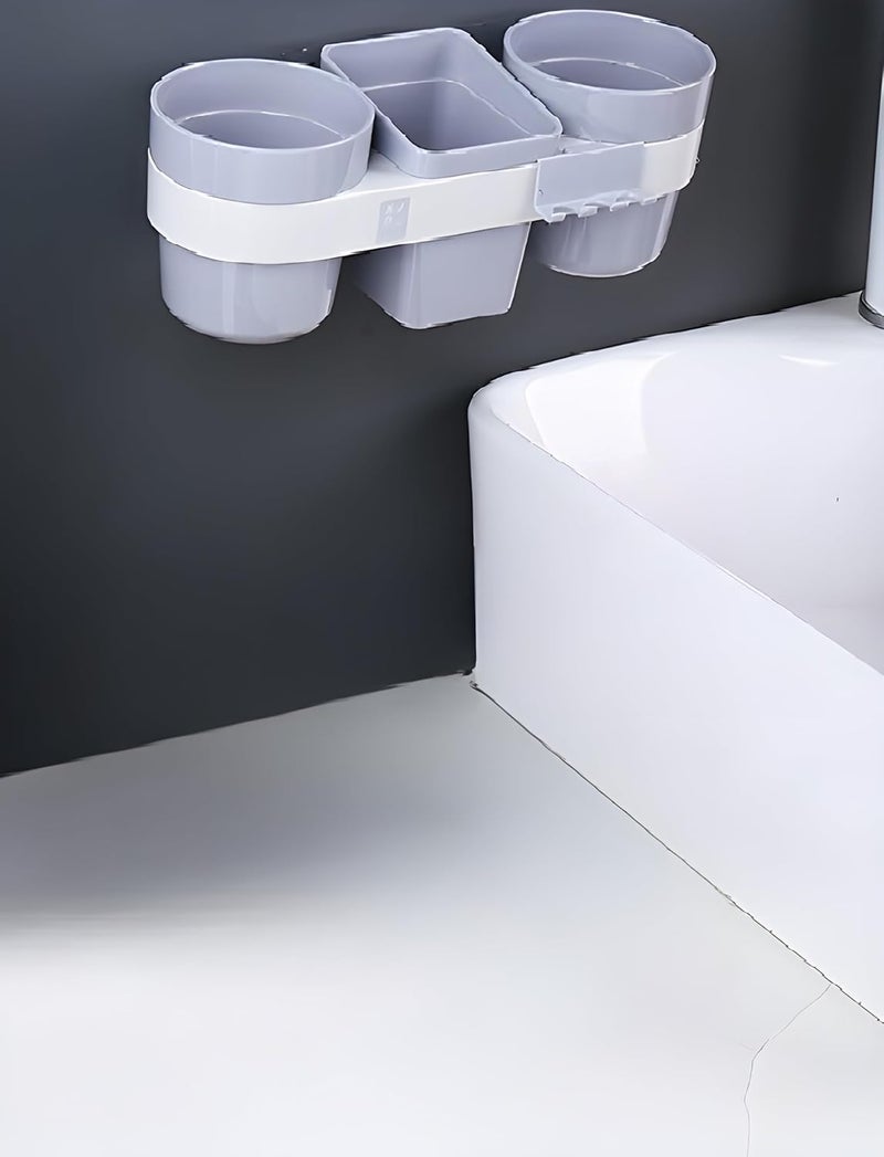 Jinila Wall Mounted Toothpaste Tongue Cleaner Comb Holder with Gargle Cup and 3 Toothbrush Hangers Bathroom and Wash Basin Organiser Pack of 1 Gray and Cream - Image 3