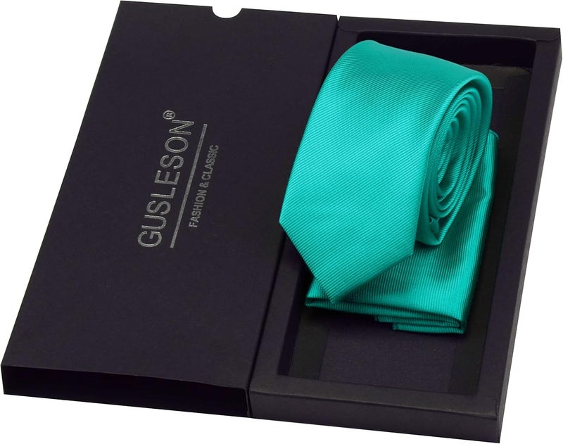 GUSLESON 2.4" Slim Necktie and Handkerchief Set For Men Solid Skinny Tie Set - Image 4
