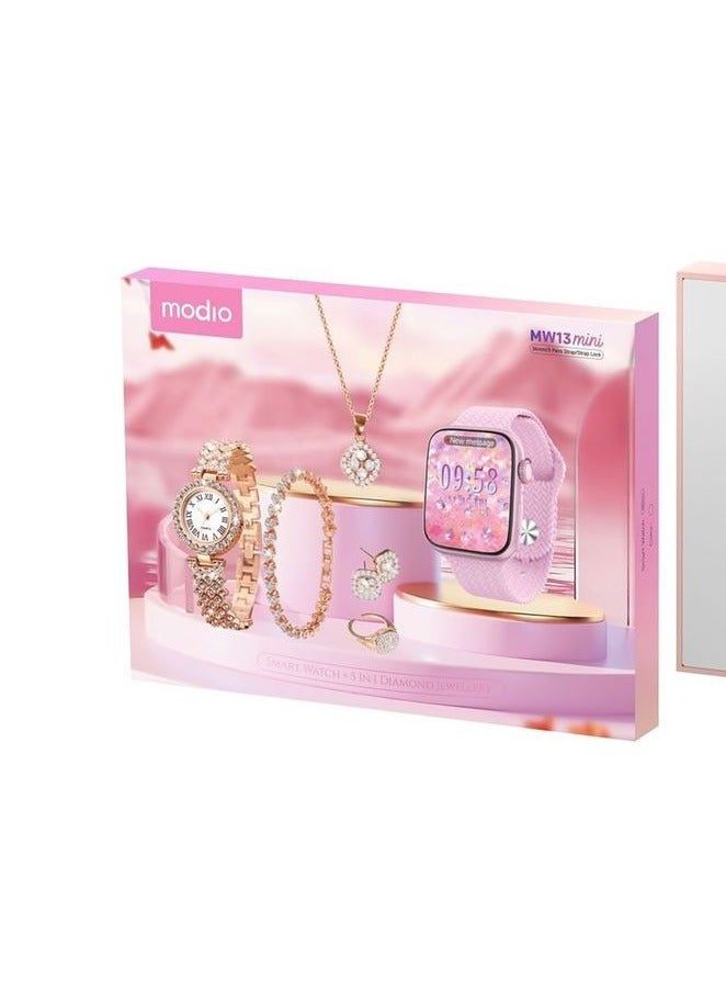 modio Modio MW13 Mini Women's Smart Watch with 36mm Display 3 Pair Straps Anlog Watch Bracelet Ring Earings Set Combo Pink  - Image 3