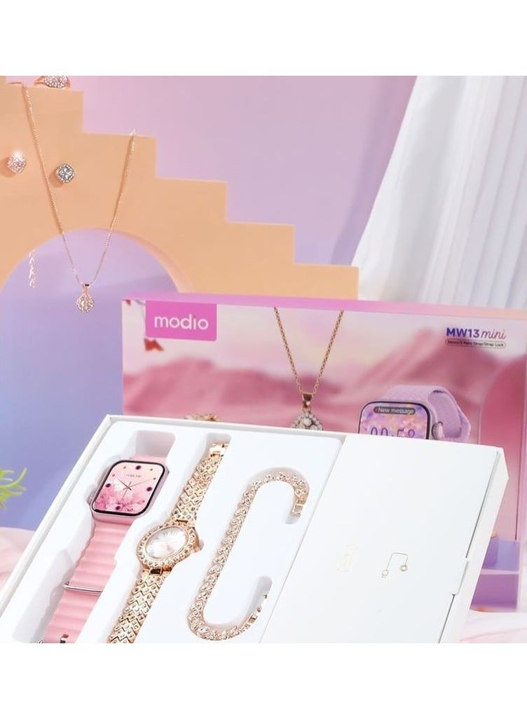 modio Modio MW13 Mini Women's Smart Watch with 36mm Display 3 Pair Straps Anlog Watch Bracelet Ring Earings Set Combo Pink  - Image 2