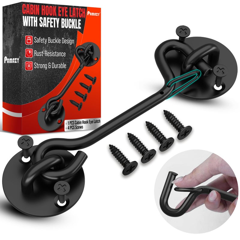 PAMAZY [Upgraded] 6'' Cabin Hook Eye Latch with Safety Buckle, Heavy-Duty Gate Latch Barn Door Cabin Hook, Black Privacy Hook and Eye Latch Hook for Barn Door, Bedroom, Sliding Door, Gate, Bathroom, Cabinet - Image 1