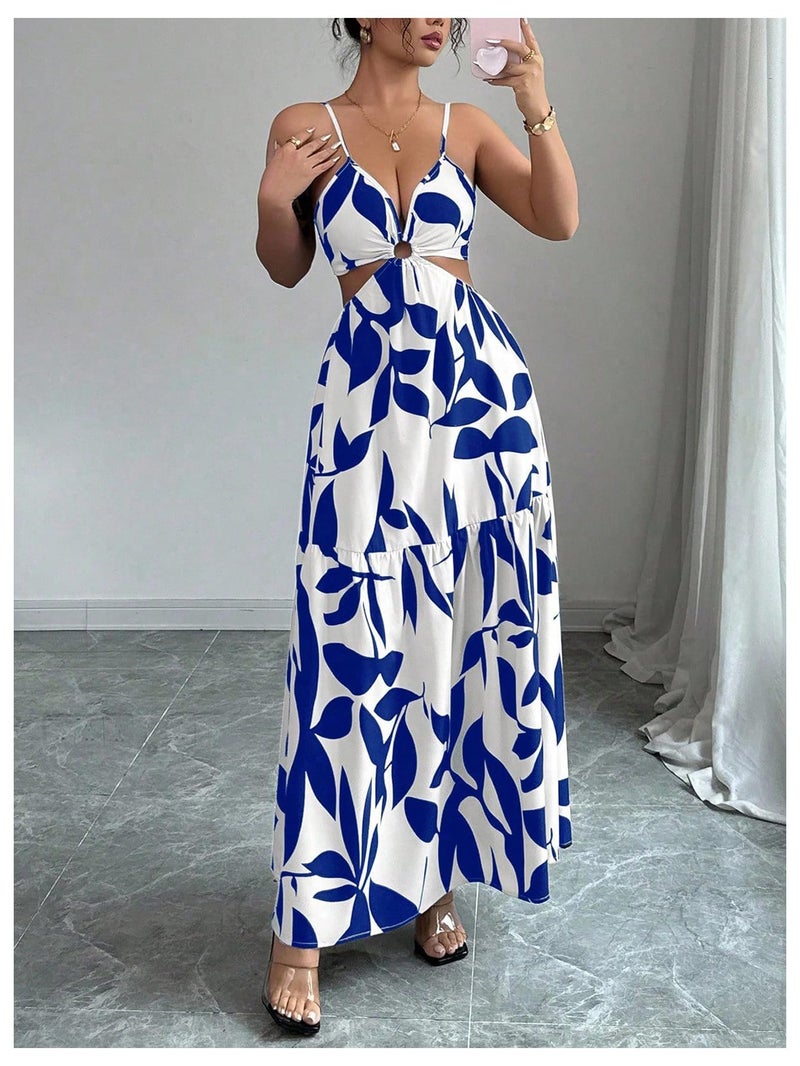 Floerns Women's Cut Out Tie Back Boho Maxi Dress Spaghetti Strap Beach Vacation Tiered Long Dresses Blue and White Small - Image 5