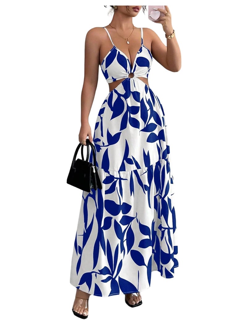 Floerns Women's Cut Out Tie Back Boho Maxi Dress Spaghetti Strap Beach Vacation Tiered Long Dresses Blue and White Small - Image 1