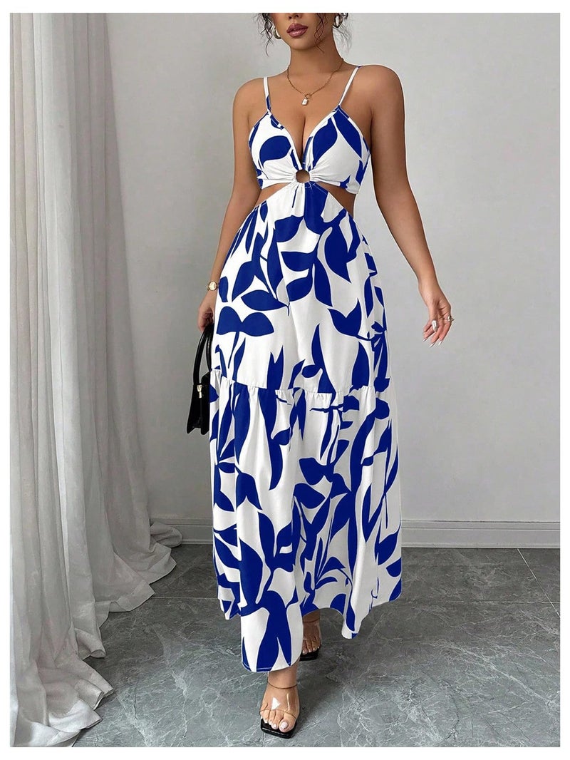 Floerns Women's Cut Out Tie Back Boho Maxi Dress Spaghetti Strap Beach Vacation Tiered Long Dresses Blue and White Small - Image 4