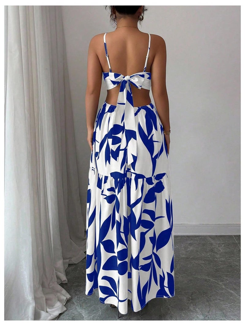 Floerns Women's Cut Out Tie Back Boho Maxi Dress Spaghetti Strap Beach Vacation Tiered Long Dresses Blue and White Small - Image 3