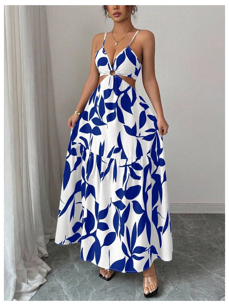 Floerns Women's Cut Out Tie Back Boho Maxi Dress Spaghetti Strap Beach Vacation Tiered Long Dresses Blue and White Small - Image 2