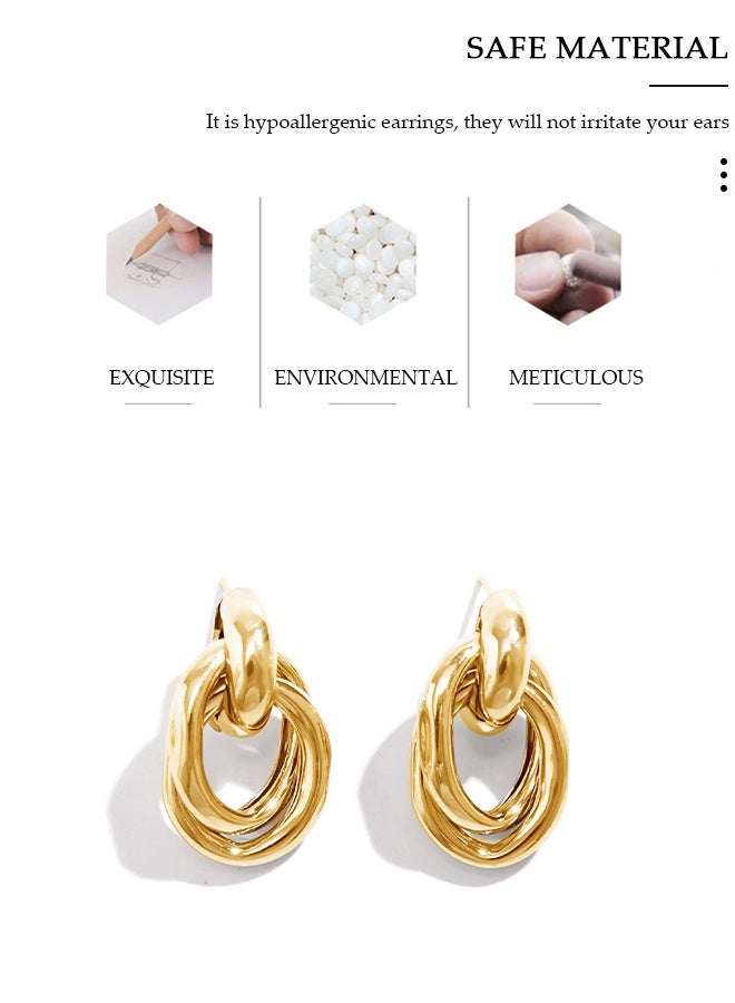DUNISO Chunky Geometric Stud Earrings for Women,Vintage Modern Minimalist Jewelry， Gold Textured Round Statement Earrings, Gold Plated Lightweight Gold Hoops Hypoallergenic Earrings for Girl - Image 4