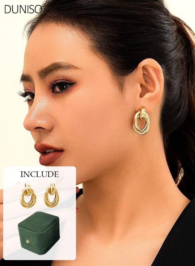 DUNISO Chunky Geometric Stud Earrings for Women,Vintage Modern Minimalist Jewelry， Gold Textured Round Statement Earrings, Gold Plated Lightweight Gold Hoops Hypoallergenic Earrings for Girl - Image 1