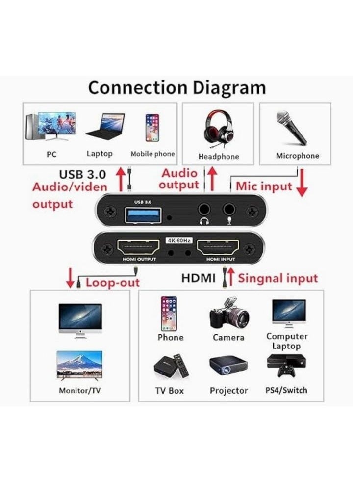 HDMI Video Capture Card with 4K 60Hz Passthrough and 1080P 60FPS Recording; features USB 3.0 Type-A and Type-C for streaming and game recording; supports OBS. - Image 2