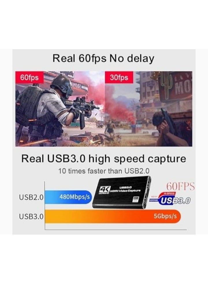 HDMI Video Capture Card with 4K 60Hz Passthrough and 1080P 60FPS Recording; features USB 3.0 Type-A and Type-C for streaming and game recording; supports OBS. - Image 5