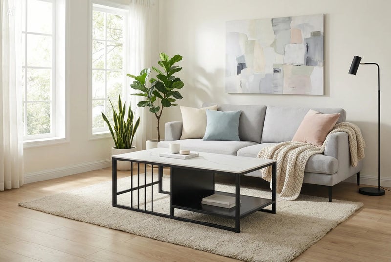 MAF furniture MAF Modern Marble Coffee Table | Rectangular Center Table with Textured Top | Black Steel Legs | Minimalist Tea Table for Living Room, Dining Room, Office MAF-7905 White - Image 1