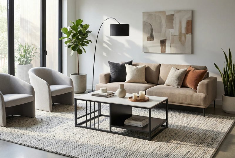 MAF furniture MAF Modern Marble Coffee Table | Rectangular Center Table with Textured Top | Black Steel Legs | Minimalist Tea Table for Living Room, Dining Room, Office MAF-7905 White - Image 2