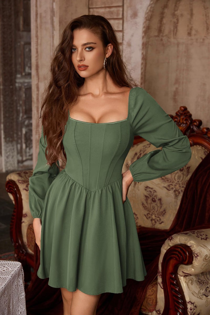 Scarlet Darkness Renaissance Corset Dress Long Sleeve Mini Dresses for Women Fishbone Fall Wedding Guest Party Dress Green 16 - Image 4